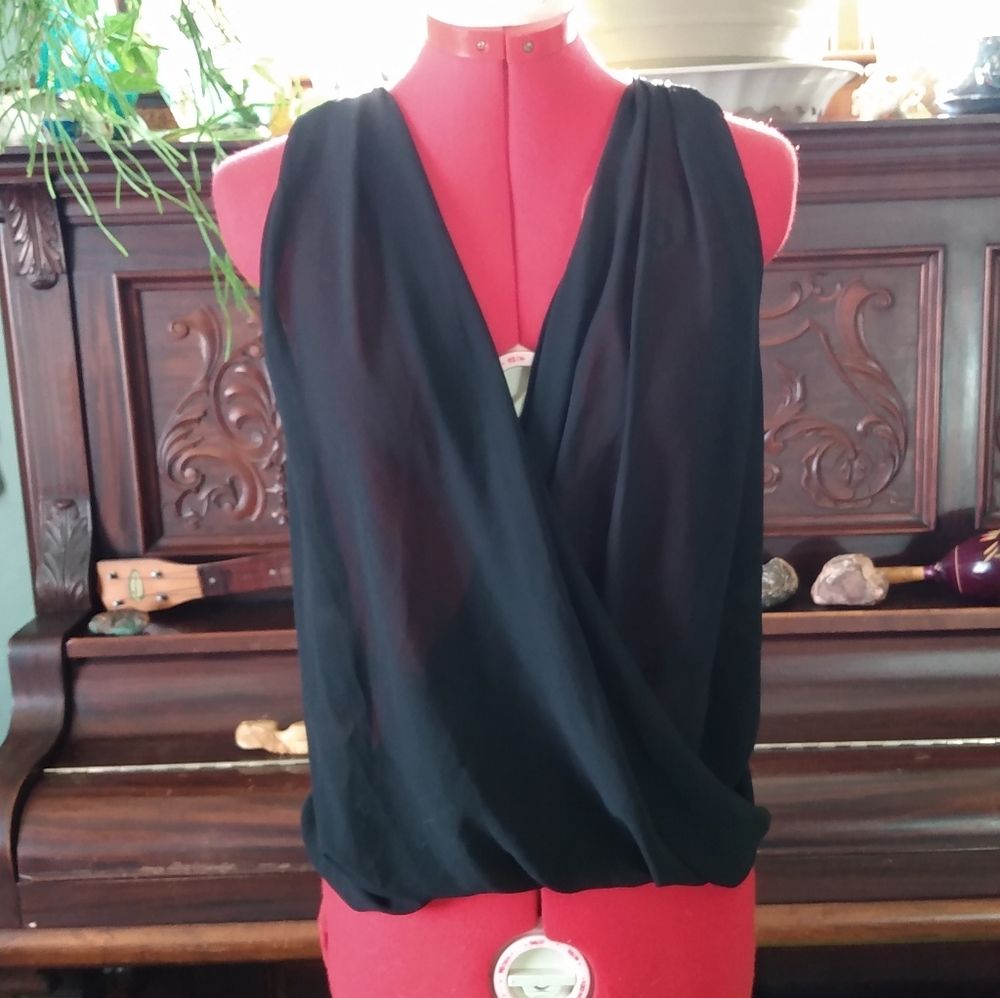 Soft Sheer Chiffon Lace Back Wrap Surplice top